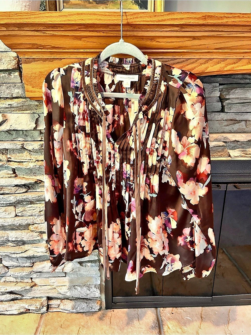 Treasure & Bond Floral Long Sleeve Blouse in Brown & Pink
